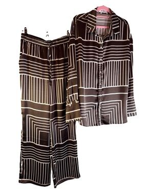 4th & Reckless Geometric Satin 2 Piece Set Shirt & Wide Leg Pants Brown White L